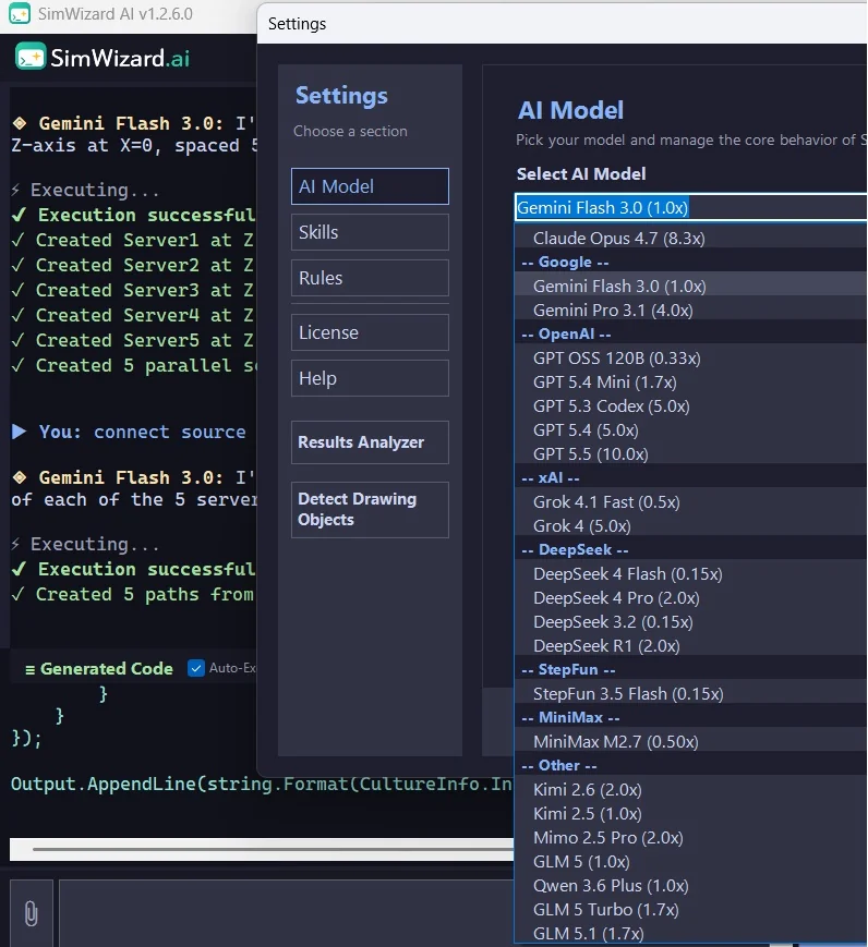 SimWizard AI model selector showing Claude, Gemini, and GPT options for Simio users